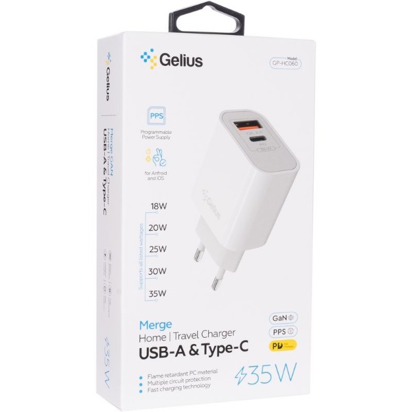 Фото - Сетевое зарядное устройство Gelius Merge GP-HC060 GAN USB+Type-C 35W (QC/PD/PPS) + кабель One GP-UCN013 Type-C to Lightning 1m (102933)